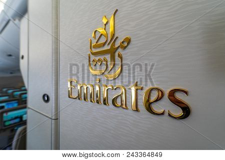 Berlin - April 26, 2018: Emblem Of Emirates Airline On The  Aircraft Airbus A380. Exhibition Ila Ber
