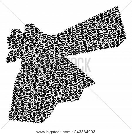 Jordan Map Collage Of Dollars And Round Dots In Different Sizes. Abstract Vector Treasury And Gdp Jo