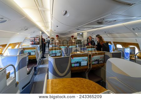 Berlin - April 26, 2018: Interior Of Business Class Of The Aircraft Airbus A380. Emirates Airline. E