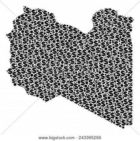 Libya Map Composition Of Dollar Symbols And Round Dots In Different Sizes. Abstract Vector Banking A