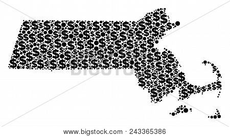 Massachusetts State Map Collage Of Money Signs And Circle Dots In Different Sizes. Abstract Vector T