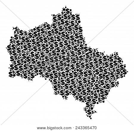 Moscow Oblast Map Composition Of Dollar Signs And Round Spots In Different Sizes. Abstract Vector Bu