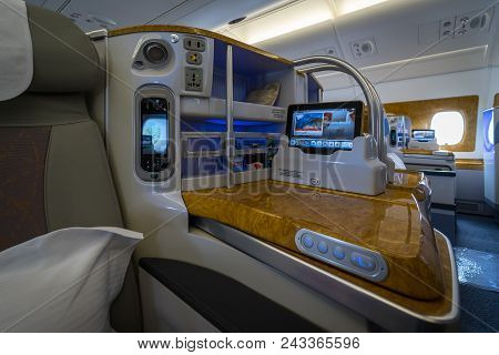 Berlin - April 26, 2018: Interior Of Business Class Of The Aircraft Airbus A380. Emirates Airline. E