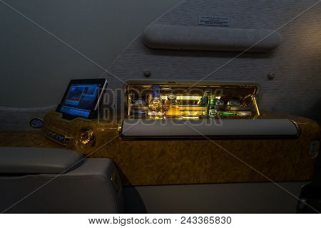 Berlin - April 26, 2018: Interior And Seat Of The First Class Passengers Of The Aircraft Airbus A380
