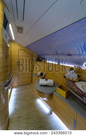 Berlin - April 26, 2018: Shower Room For The Passengers The First And Business Class Of The Aircraft
