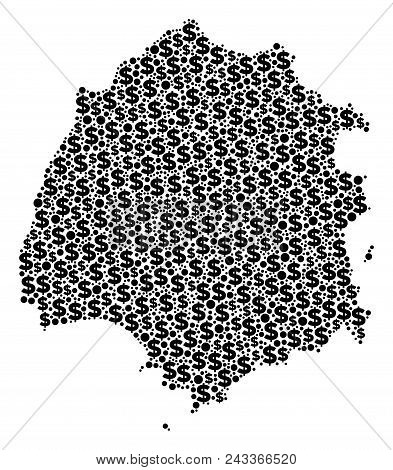 Thassos Greek Island Map Collage Of Dollar Symbols And Round Spots In Various Sizes. Abstract Vector