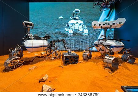 Berlin - April 26, 2018: Moon Rover Robex. German Aerospace Center (dlr). Exhibition Ila Berlin Air 