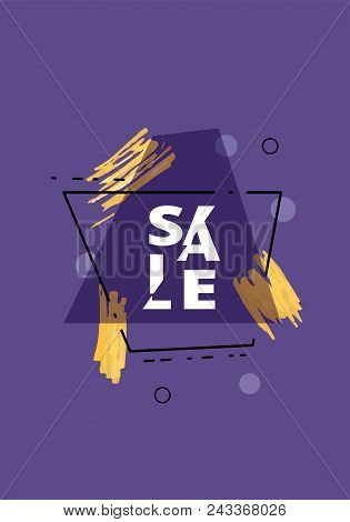 Sale Banner With Geometric Abstract Composition. Dark Promotion Card With Sliced Trendy Text. Violet