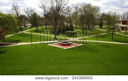 Aerial Elevated View Up Above The Defiance College Fountain , Defiance, Oh, April 25, 2005
