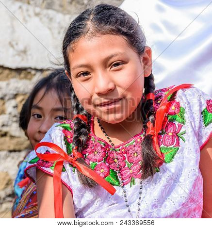 Cuidad Vieja,, Guatemala -  December 7, 2017: Traditionally Dressed Indigenous Girls In Parade Celeb