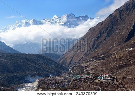 Himalayas Mountain Landscape And Pangboche Village On The Way To Everest Base Camp, Khumbu, Sagarmat