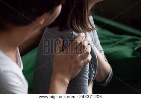 Helping Male Hand Holding Female Shoulder Close Up View, Caring Understanding Man Husband Apologizin