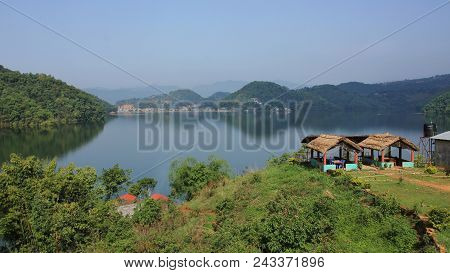 Smal Fish Restaurant In Majhjkuna, Village Near Pokhara. Green Shore Of Lake Begnas. Spring Scene In