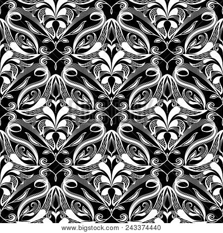 Ethnic Style Floral Vector Paisley Seamless Pattern. Black And White Ornamental Patterned Background
