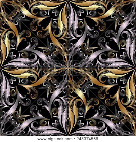 Ornamental Vintage 3d Seamless Pattern. Black Patterned Vector Damask Background. Endless Texture. H