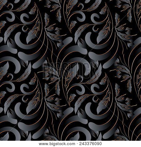 Dark Black 3d Vintage Floral Seamless Pattern. Surface Ornamental Patterned Background. Hand Drawn D