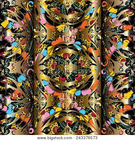 3d Modern Gold Vintage Seamless Pattern. Vector Colorful Floral Ornamental Background. Surface Repea