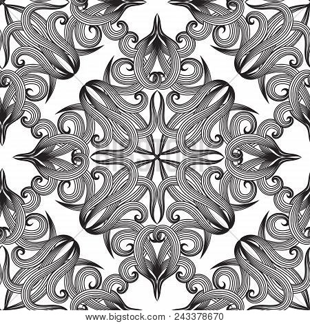 Damask Black And White Vector Seamless Pattern. Vintage Antique Patterned Floral Background. Baroque
