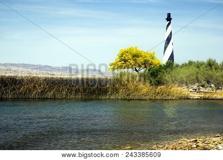 Miniature Lighthouse On The Shore Of Lake Havasu Near Lake Havasu City In Arizona