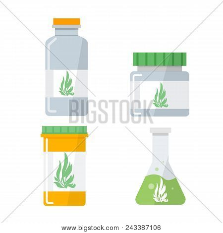 Spirulina Pills. Vegetarian Food.  Plant Vector Illustration.