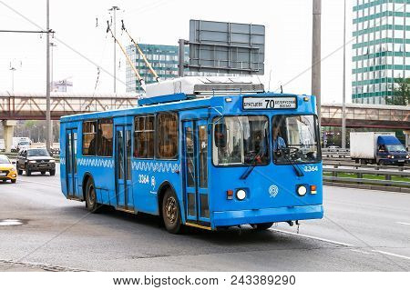 Moscow, Russia - March 2, 2018: Blue Trolleybus Ziu 682gm1 In The City Street.