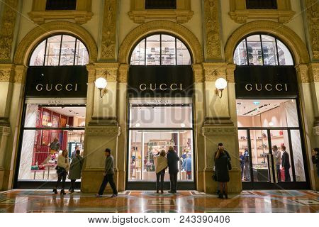MILAN, ITALY - CIRCA NOVEMBER, 2017: Gucci store at Galleria Vittorio Emanuele II in the night