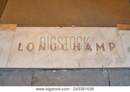 MILAN, ITALY - CIRCA NOVEMBER, 2017: Longchamp sign at a store in Milan. Longchamp is a French luxury leather goods company.