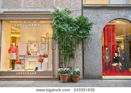 MILAN, ITALY - CIRCA NOVEMBER, 2017: Longchamp store in Milan. Longchamp is a French luxury leather goods company.