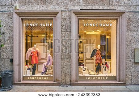 MILAN, ITALY - CIRCA NOVEMBER, 2017: Longchamp store in Milan. Longchamp is a French luxury leather goods company.