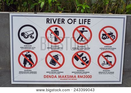 Kuala Lumpur, Malaysia - April 2018: Sign With Things That Prohibited In Malaysia.