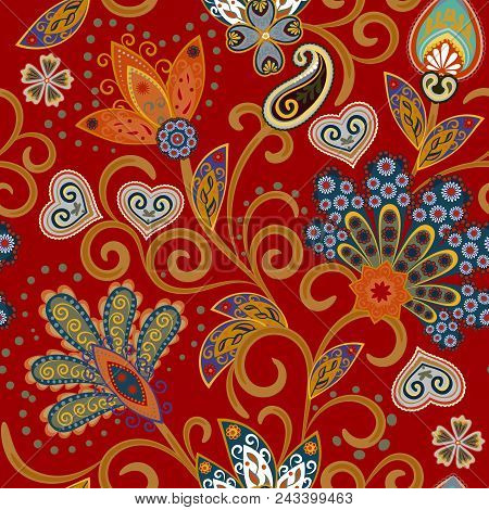 Hand Drawn Flower Seamless Pattern. Colorful Seamless Pattern With Pargeting Grunge Whimsical Flower