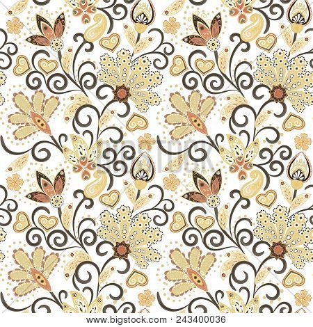 Hand Drawn Flower Seamless Pattern. Colorful Seamless Pattern With Pargeting Grunge Whimsical Flower