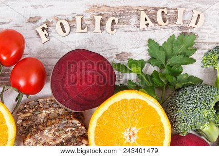 Inscription Folic Acid With Nutritious Products Containing Vitamin B9, Natural Sources Of Minerals A