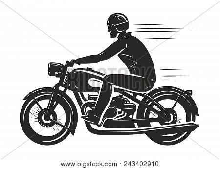 Biker Rides A Retro Motorcycle, Silhouette. Motorsport, Motorbike Concept. Vector Illustration Isola