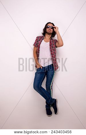 Hot Brunette In Sunglassess. Nice Man Concept.