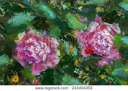 Original Handmade Abstract Oil Painting Bright Flowers Made Palette Knife. Red Violet Pink Abstract 