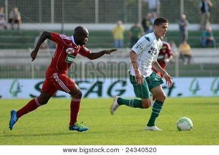 KAPOSVAR, Macaristan - 24 Eylül: Adamo Coulibaly (Kırmızılı) bir Macar ulusal Champio eylem