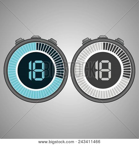 Electronic Digital Stopwatch. Timer 18 Seconds Isolated On Gray Background. Stopwatch Icon Set. Time