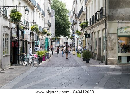 Nantes, Brittany, France - June 28, 2017: People Shopping On Rue Des Trois Croissants In Nantes Fran