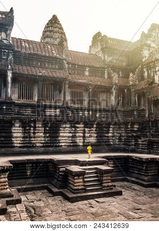 Temple Angkor Wat Inside With A Boy In Cambodia Asia