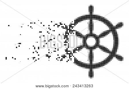Dissolved Boat Steering Wheel Dotted Vector Icon With Disintegration Effect. Square Elements Are Arr