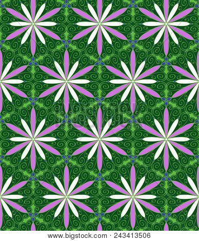 Beautiful Cartoon Pink Flowers On Green Background