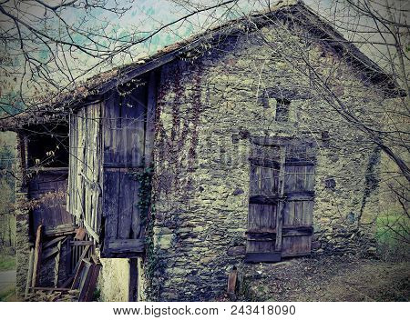 Abandoned And Stone House In A Mountain Village With Vintage Effect