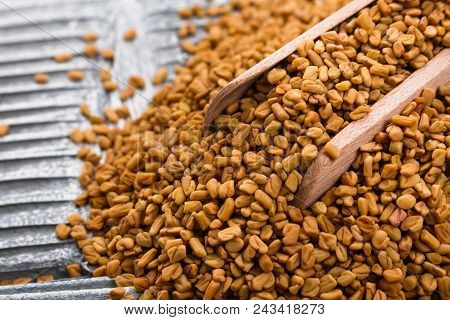 Fragrant Grains Of Fenugreek On A Rustic Background.