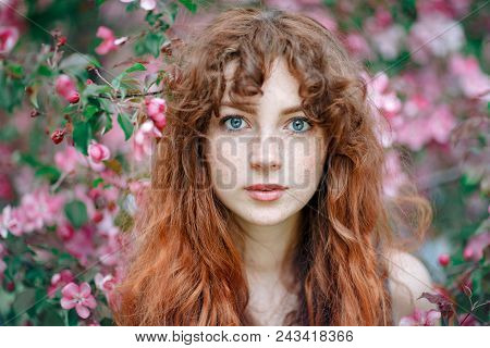 Summer Portrait Of Young Tender Girl, Ginder Hair, Redhead Young Girl With Freckled Skin. Caucasian 