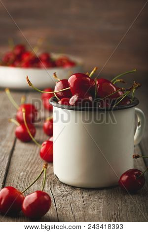 Fresh Cherry On Wooden Background. Fresh Ripe Cherries. Sweet Cherries.