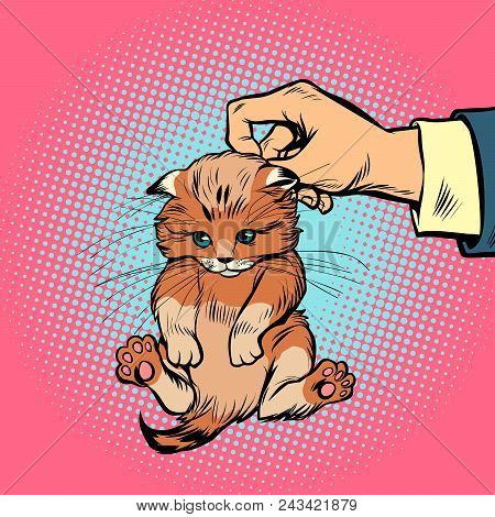 Hand Kitten Holds By The Scruff. Comic Book Cartoon Pop Art Retro Illustration