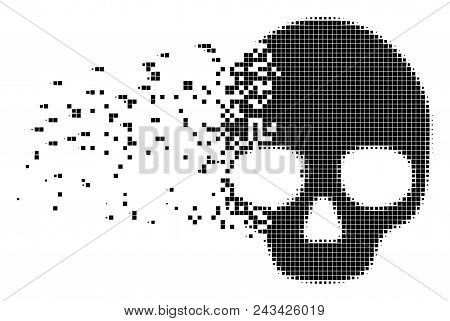 Dispersed Skull Dot Vector Icon With Disintegration Effect. Square Fragments Are Arranged Into Damag
