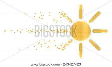 Fractured Sun Dot Vector Icon With Disintegration Effect. Rectangle Fragments Are Arranged Into Dama