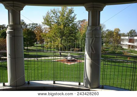 Looking From A Porch Down At A Fountain, Defiance College, Defiance, Oh, October 19, 2005